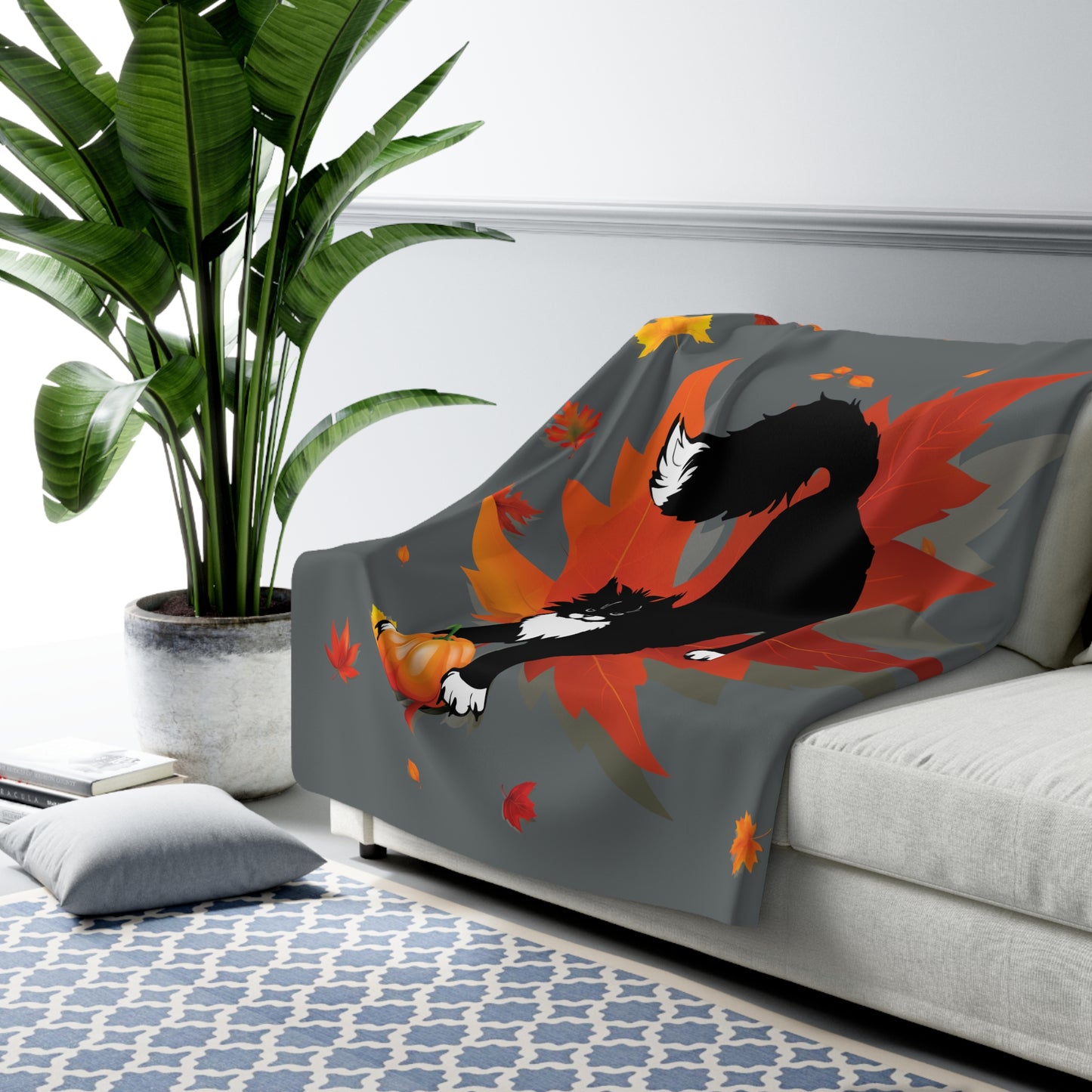 GA Ludo Leaves and Pumpkin, Sherpa Fleece Blanket dark grey
