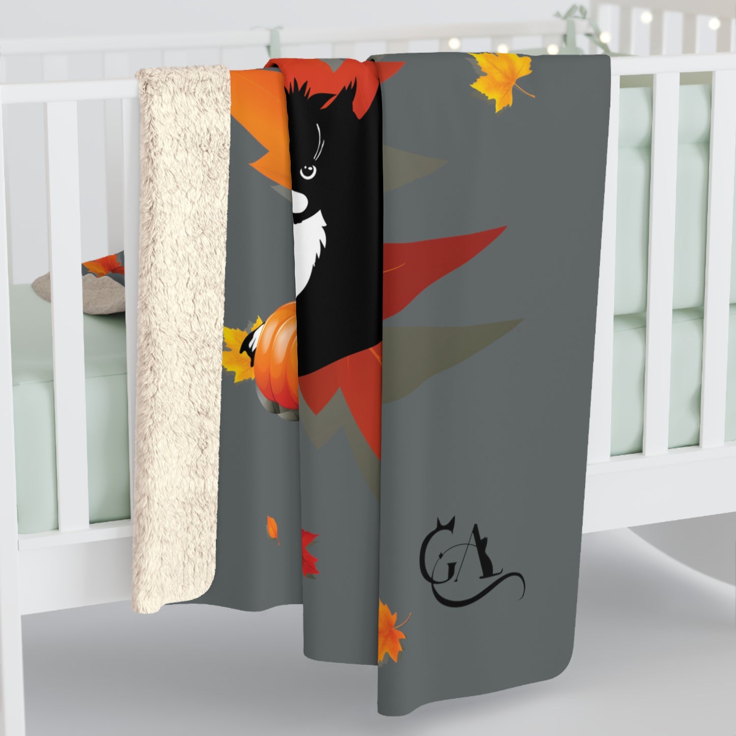 GA Ludo Leaves and Pumpkin, Sherpa Fleece Blanket dark grey