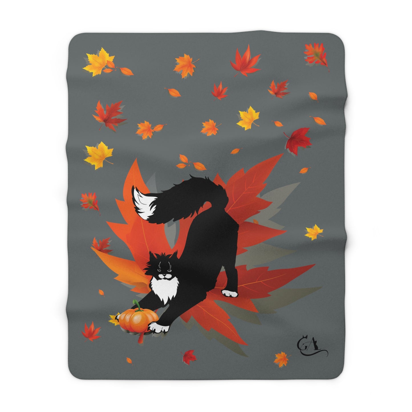 GA Ludo Leaves and Pumpkin, Sherpa Fleece Blanket dark grey