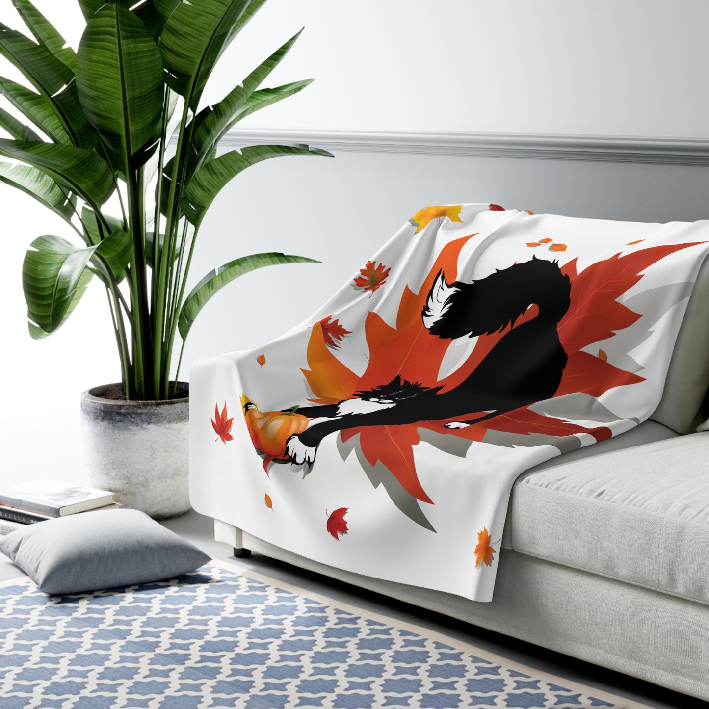 GA Ludo Leaves and pumpkin, Fleece Blanket White