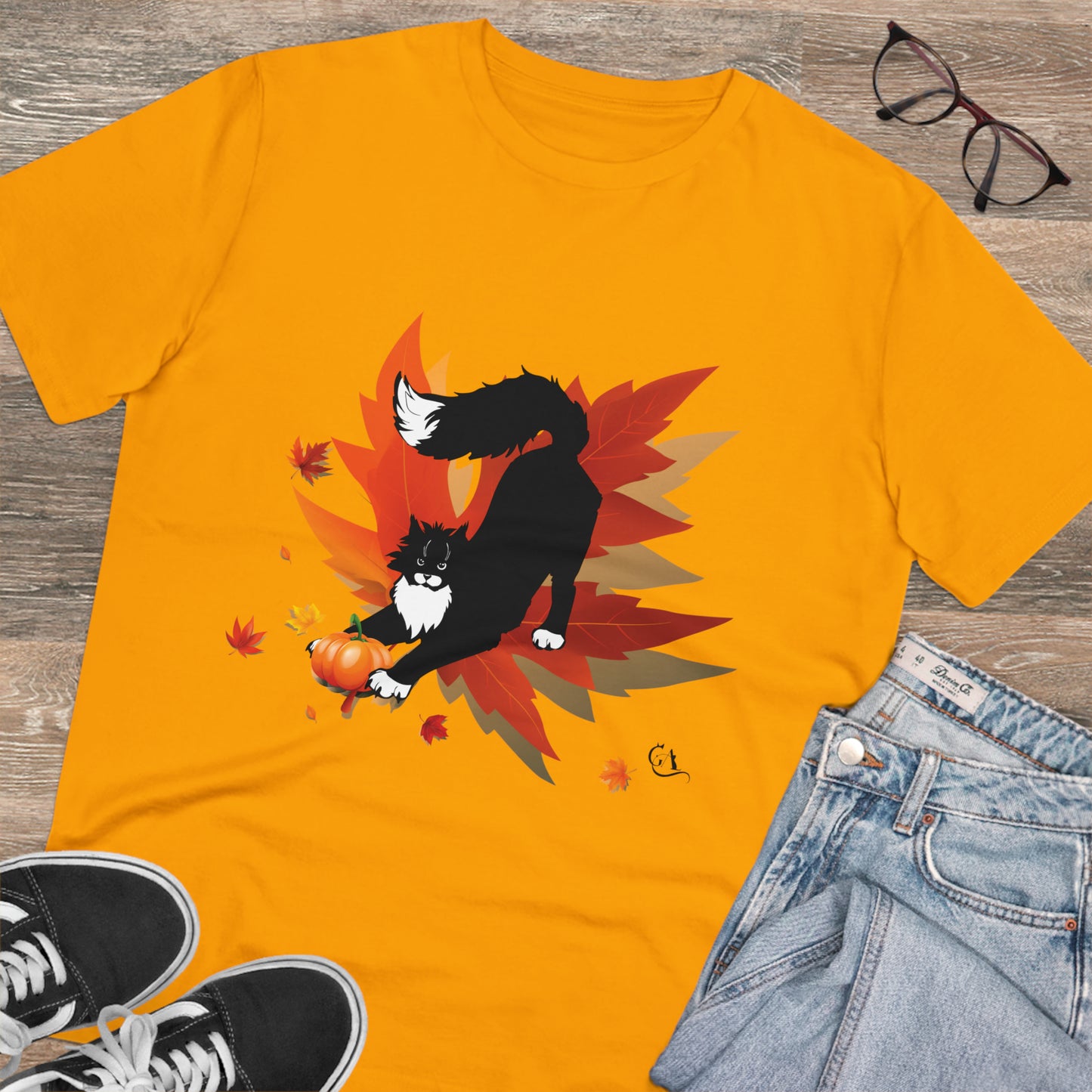 GA Cat Ludo Leaves and Pumpkins, T-shirt Organica - Unisex