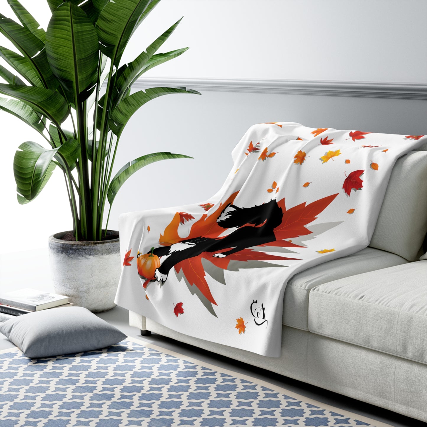 GA Ludo Leaves and pumpkin, Fleece Blanket White