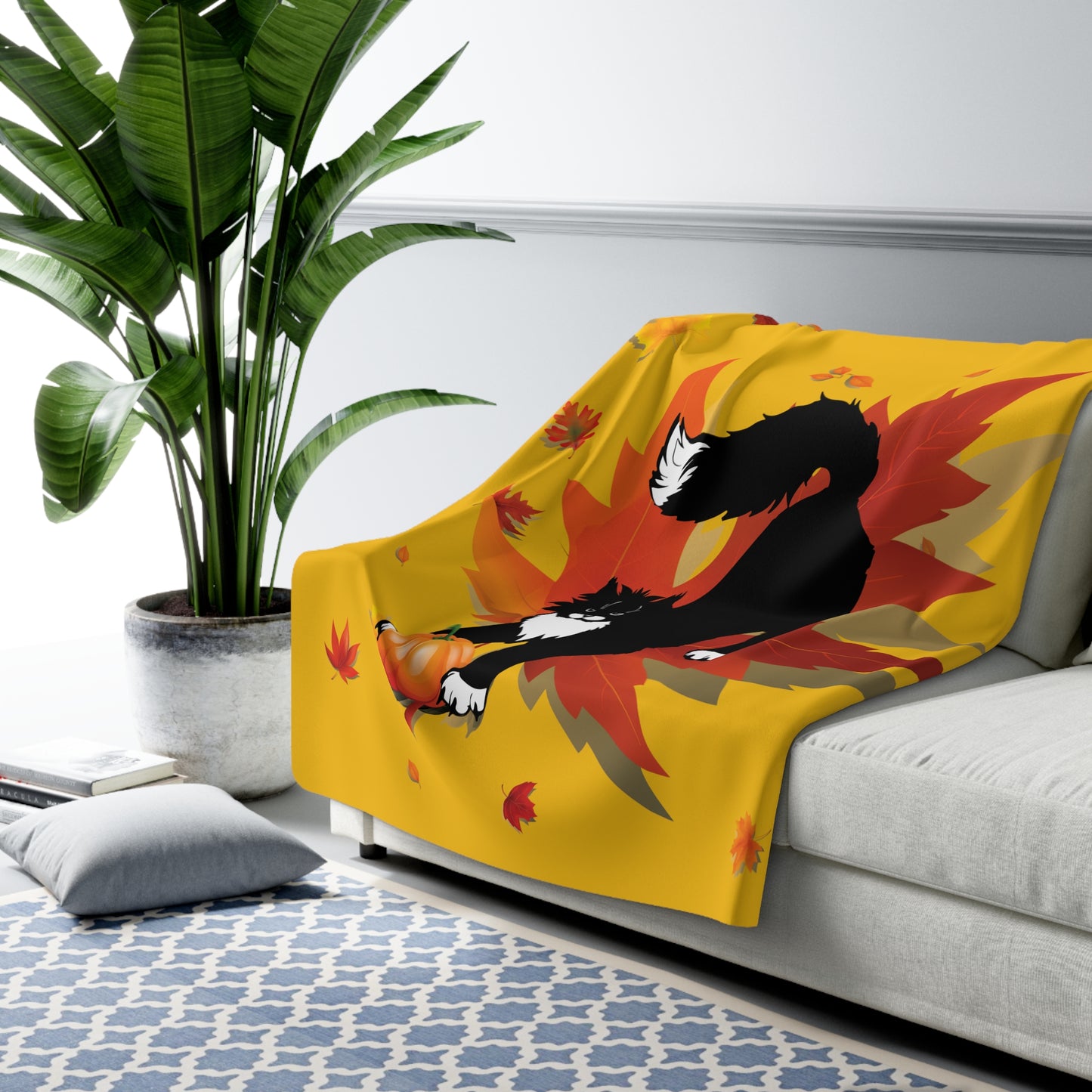 GA Ludo leaves and Pumpkin, Sherpa Fleece Blanket yellow